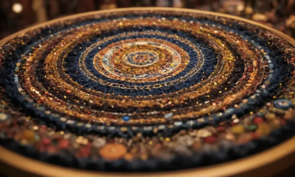 Diseño perturbador con patrones circulares y símbolos peligrosos