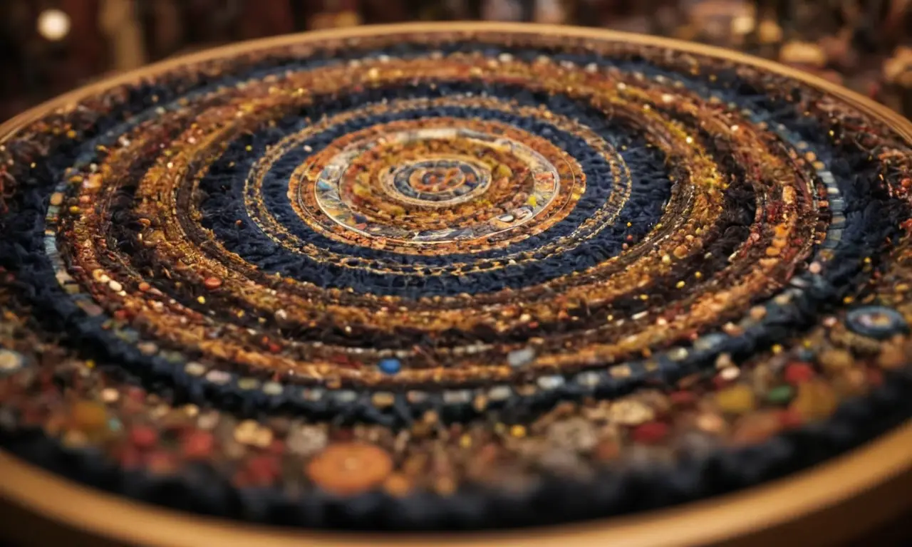 Diseño perturbador con patrones circulares y símbolos peligrosos