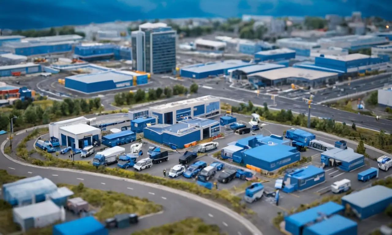 Muestra formas geométricas audaces en azul y gris