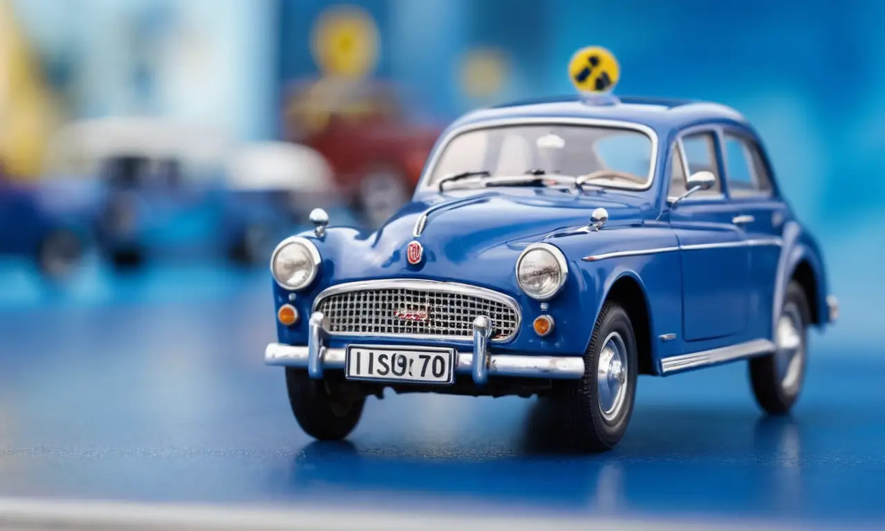 Fondo azul elegante muestra un coche antiguo con consejos de seguridad