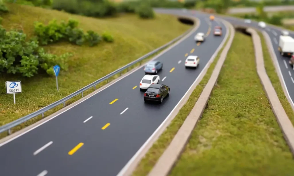 Representa una escena de carretera con advertencias legales