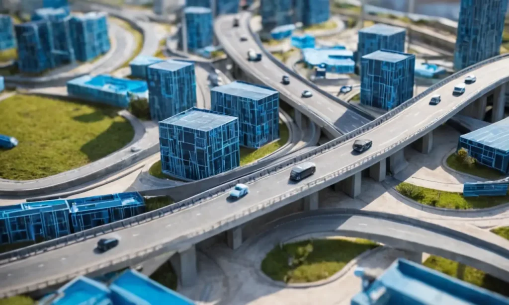 Formas geométricas abstractas en tonos grises y azules representan redes de tráfico