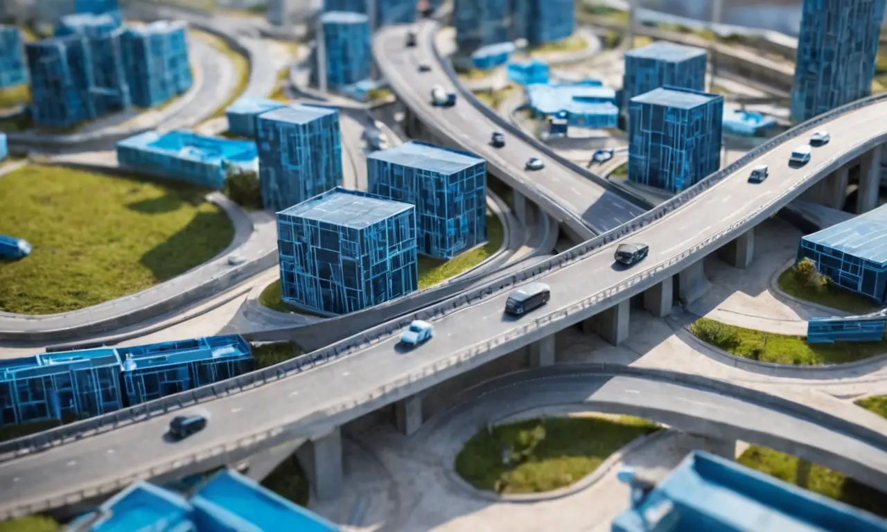 Formas geométricas abstractas en tonos grises y azules representan redes de tráfico