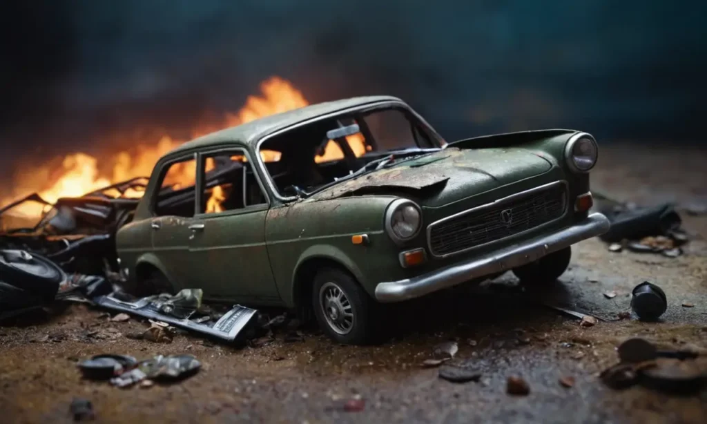 Imagen sombría de coche estrellado con advertencias serias