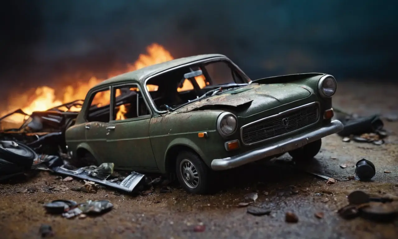Imagen sombría de coche estrellado con advertencias serias