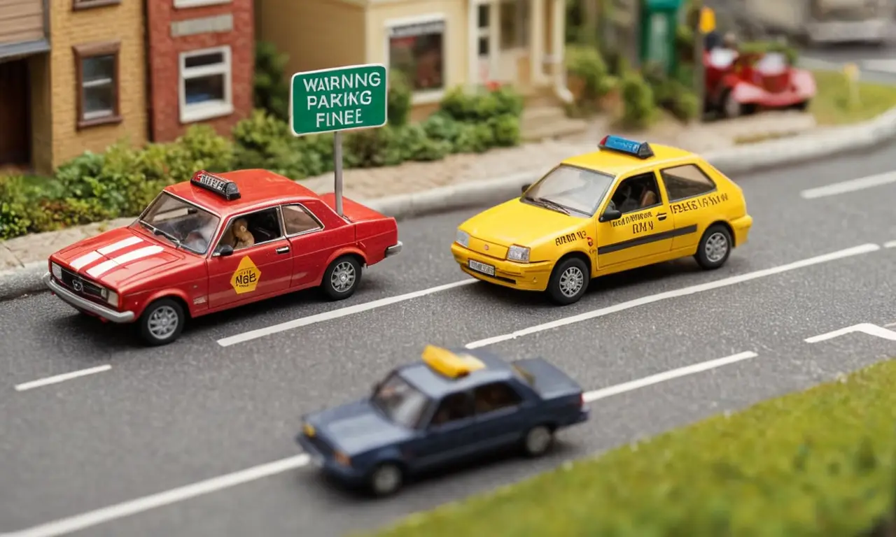 Representa una escena divertida con un coche cómico y una advertencia sobre multas de estacionamiento